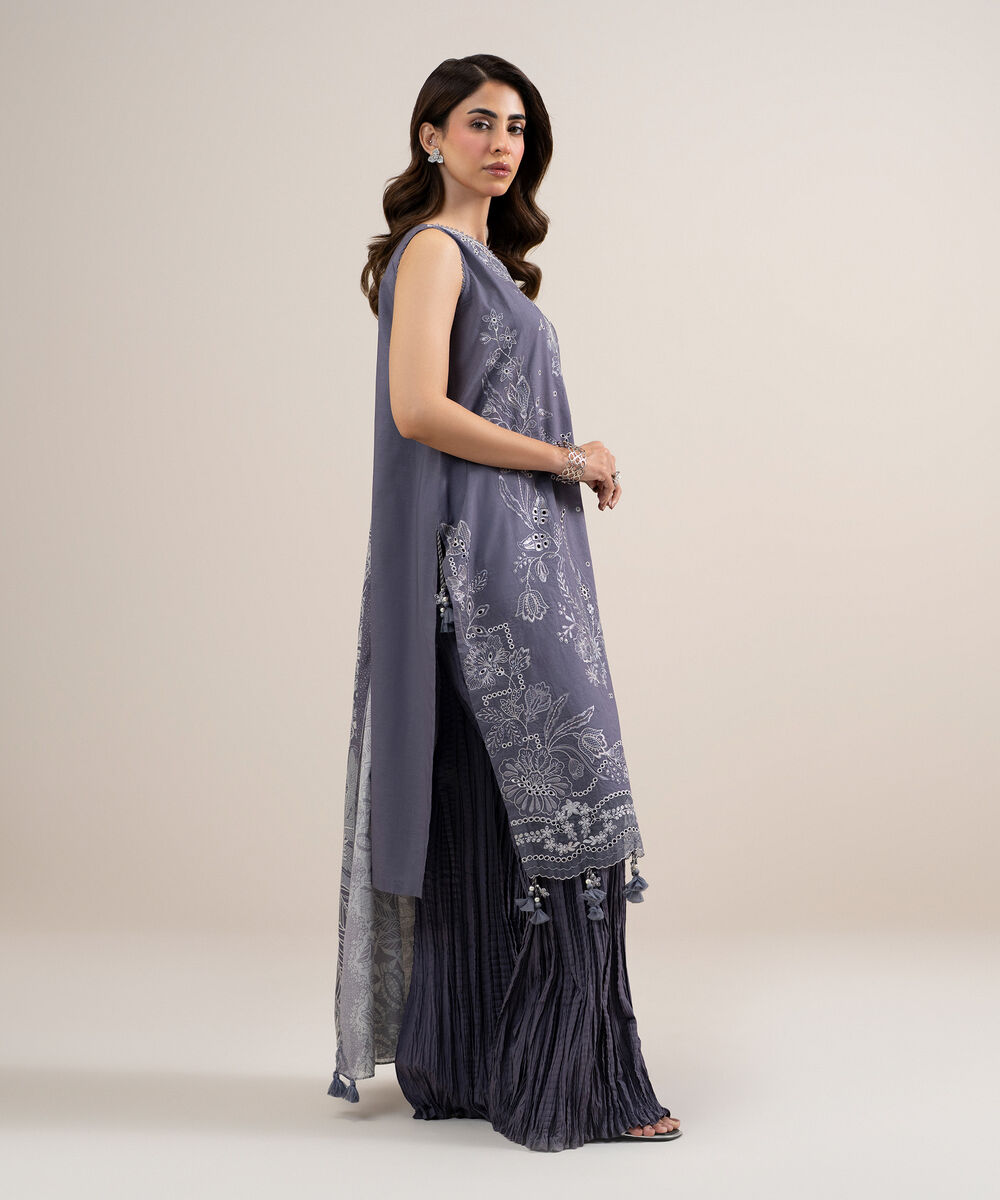 Women's Unstitched Textured Lawn Embroidered Purple 3 Piece Suit