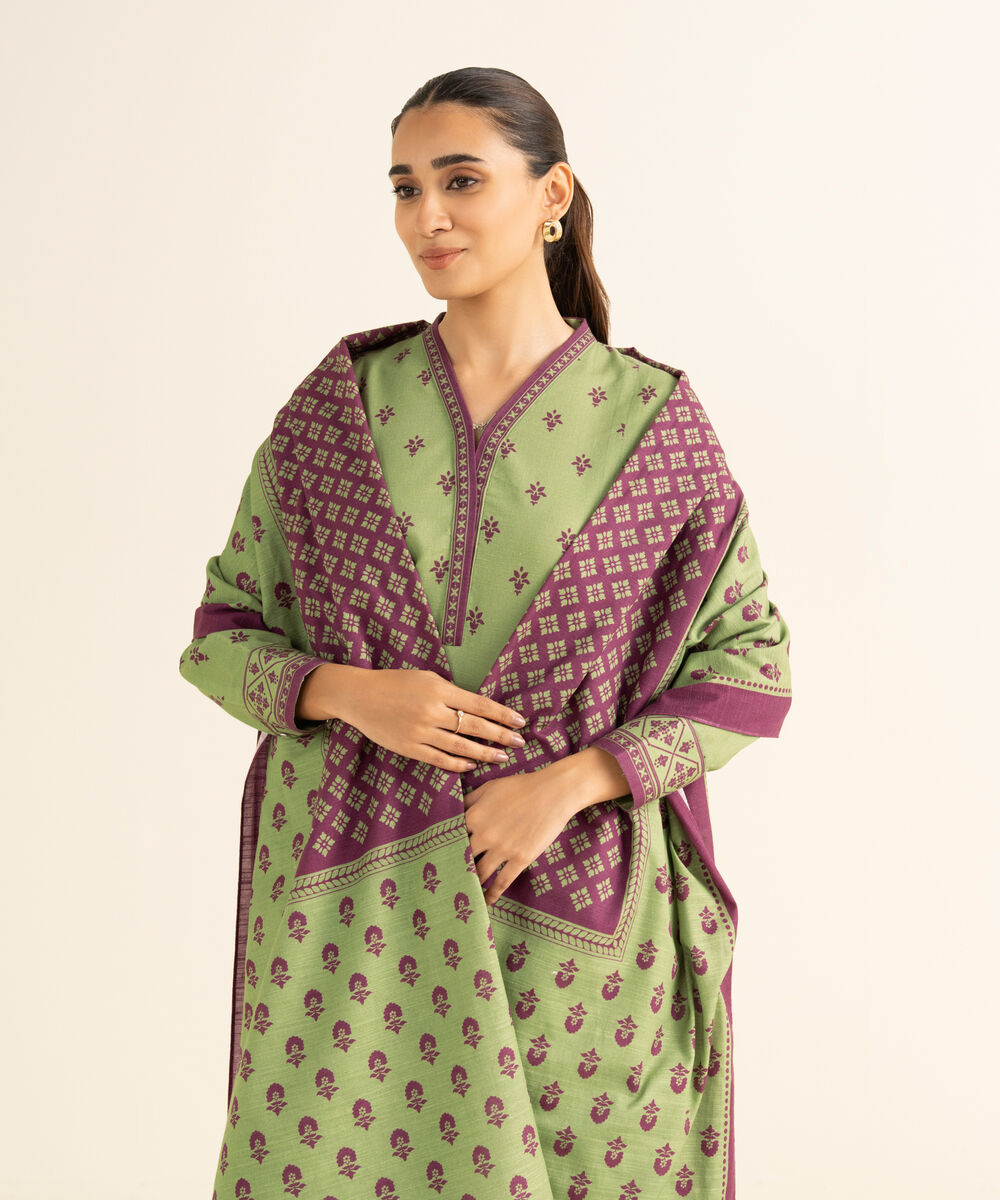 Women's Unstitched Khaddar Printed Green 2 Piece Suit