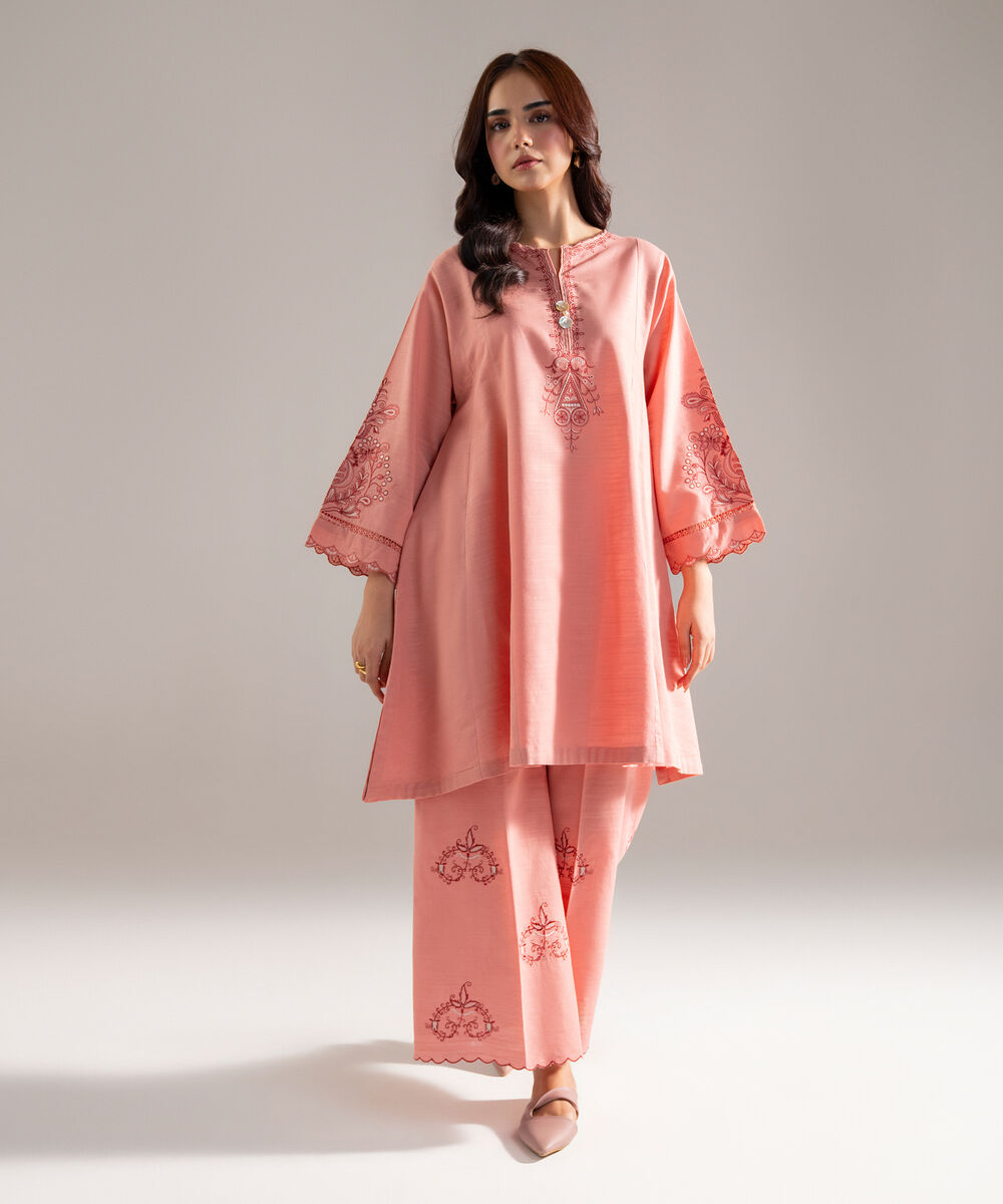 Women's RTW Khaddar Solid Embroidered Pink Flared A-Line Shirt