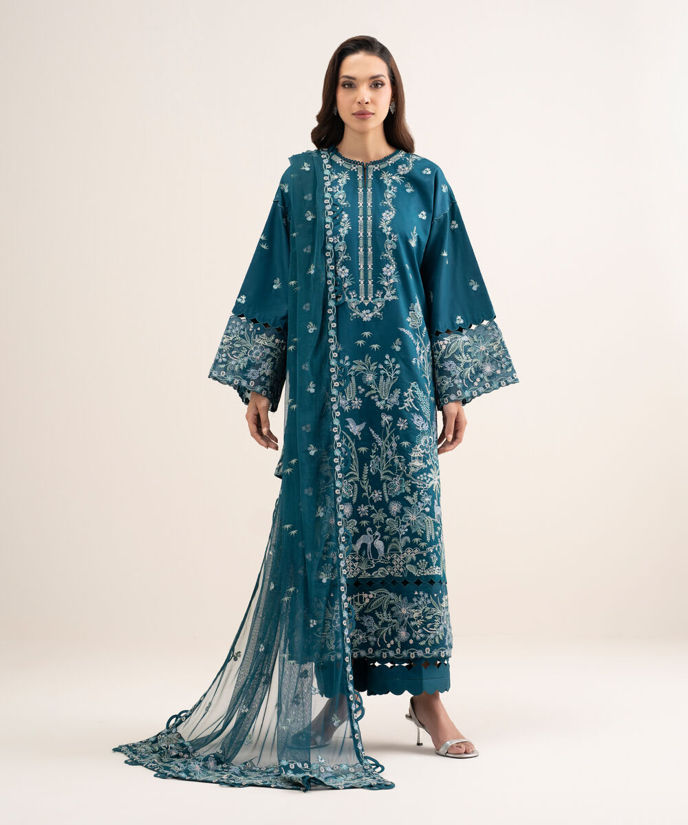 Women's Unstitched Fine Cotton Satin Embroidered Blue 3 Piece Suit