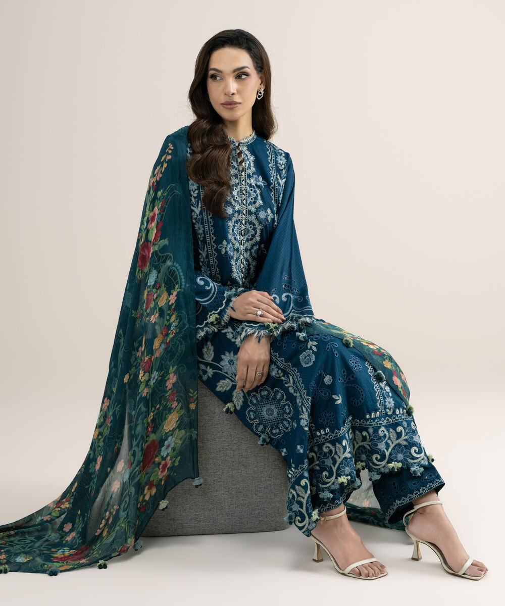 Women's Unstitched Embroidered Dobby Teal Green 3 Piece Suit