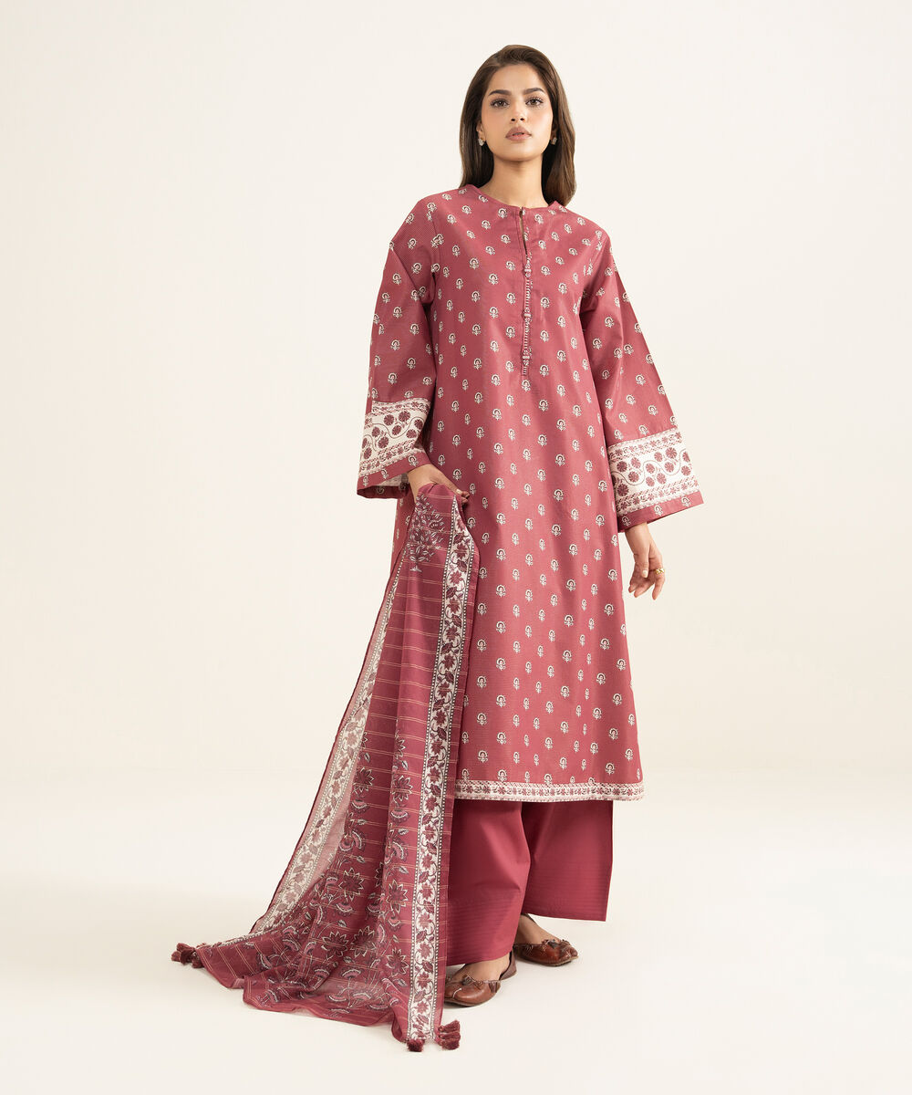 Women's Unstitched Zari Lawn Printed Pink 3 Piece Suit