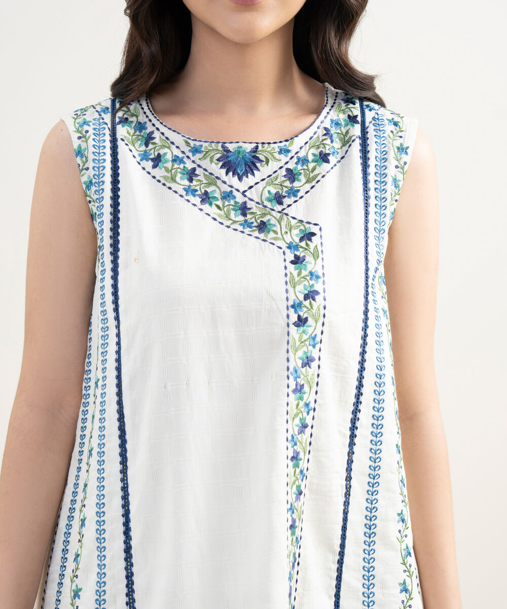 Women's RTW Dobby Embroidered White Straight Shirt