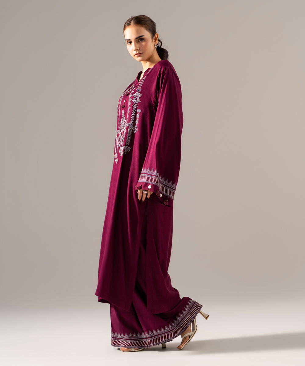 Women's RTW Bedford Solid Embroidered Purple Boxy Shirt