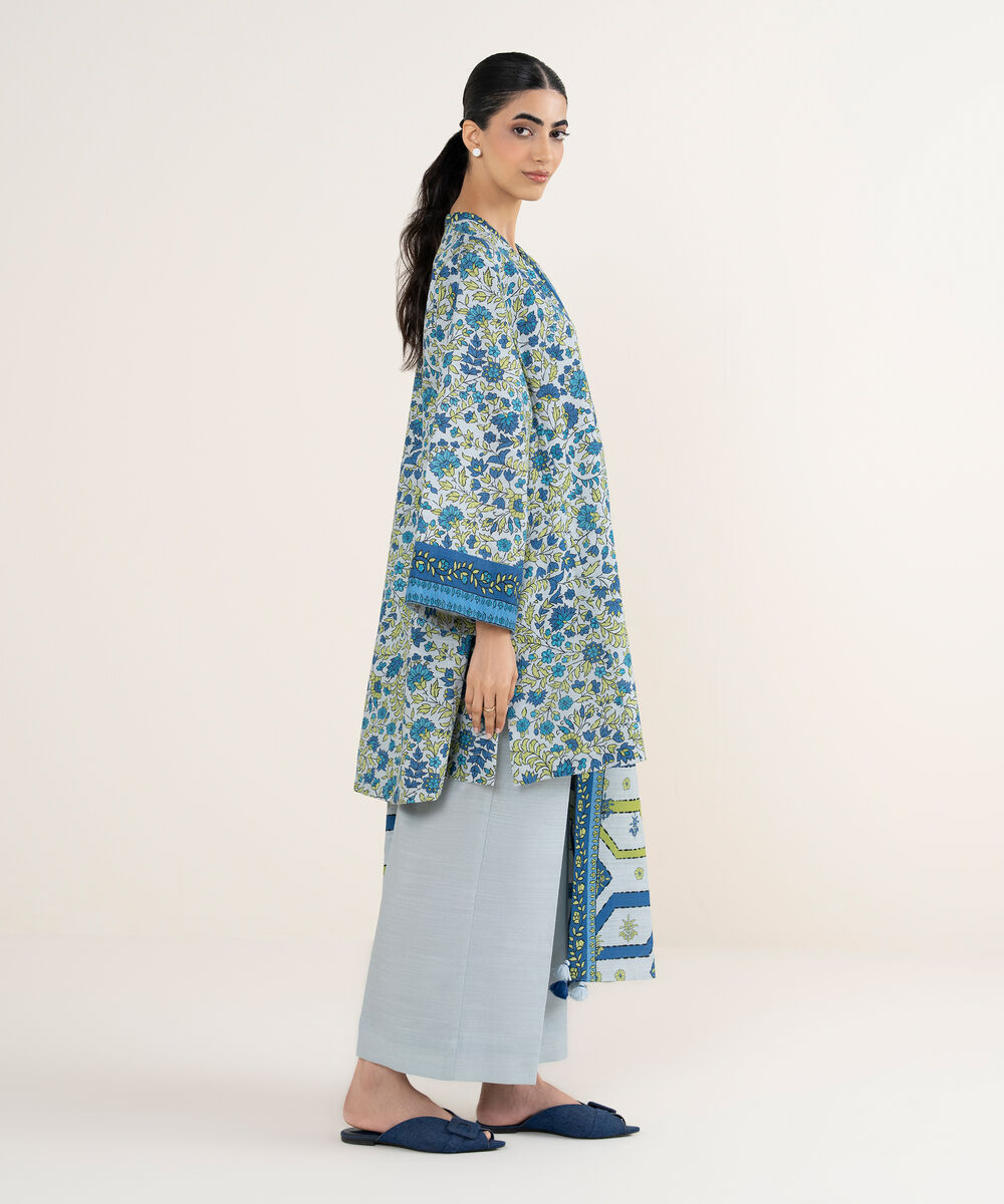 Women's Unstitched Printed Khaddar Blue 3 Piece Suit