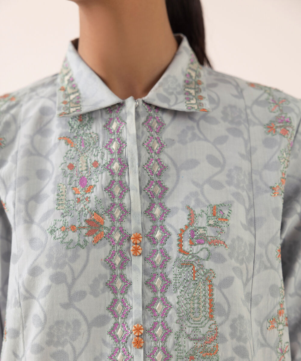 Women's Unstitched Jacquard Embroidered Aqua Three Piece Suit