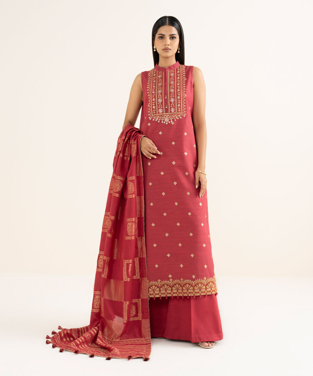 Women's Unstitched Embroidered Zari Khaddar Maroon 3 Piece Suit