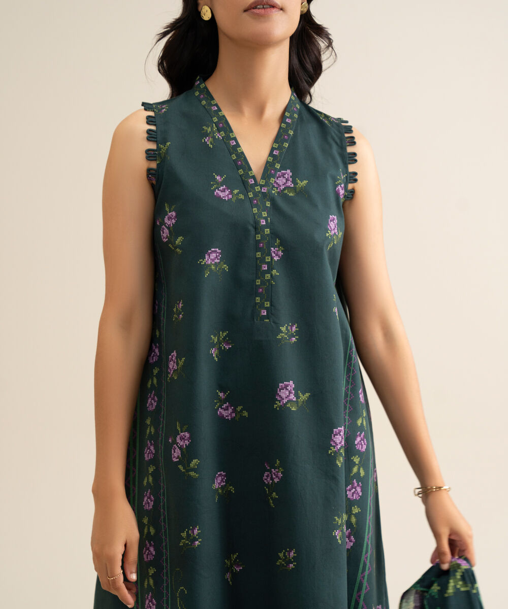 Women's Unstitched Cotton Printed Teal Green 3 Piece Suit