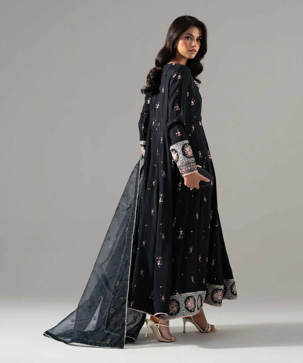 Women's RTW Bright Raw Silk Printed Black Shirt and Dupatta