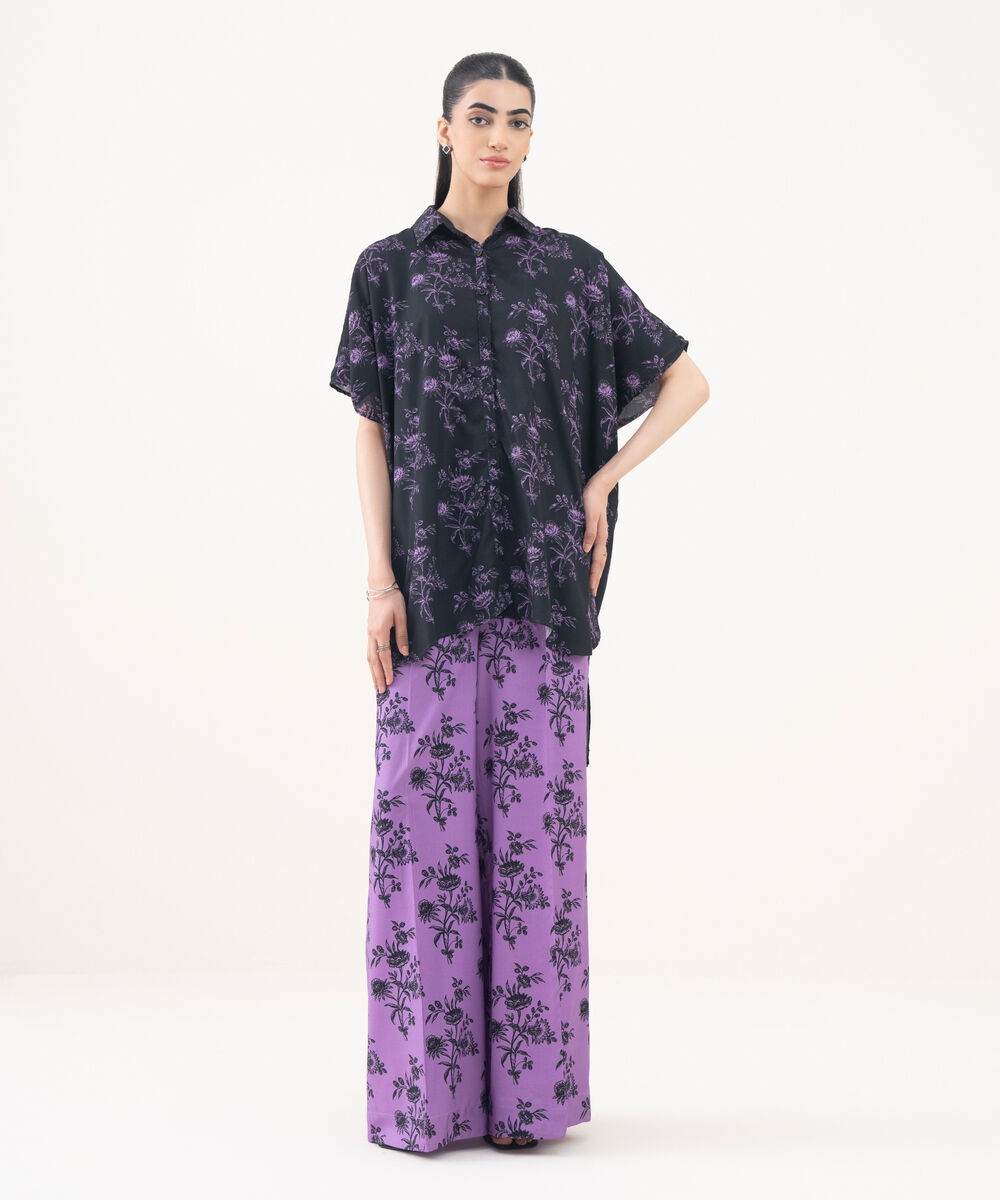 Women's RTW Viscose Linen Black Printed Button Down Shirt