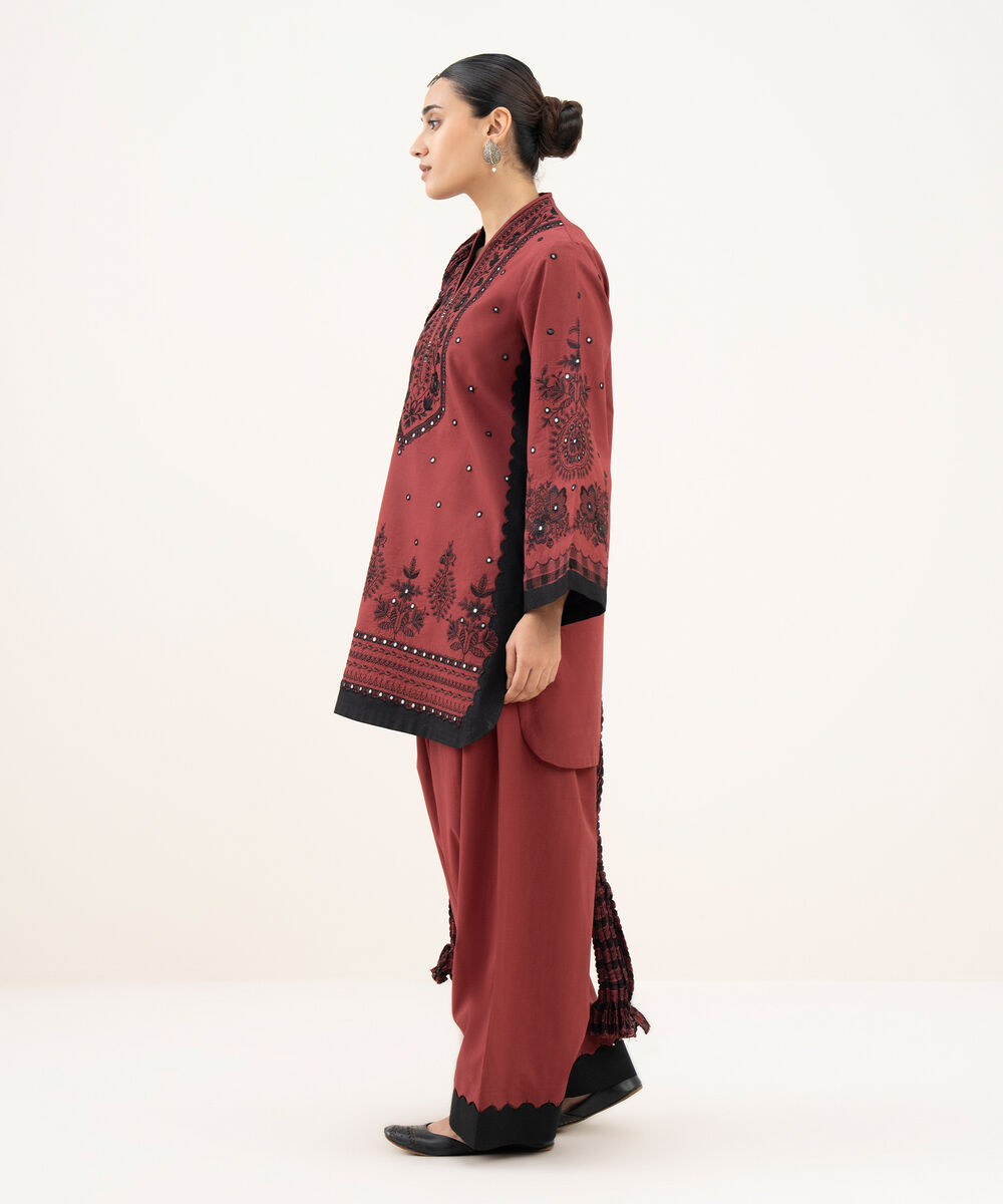 Women's Unstitched Cotton Embroidered Red 3 Piece Suit