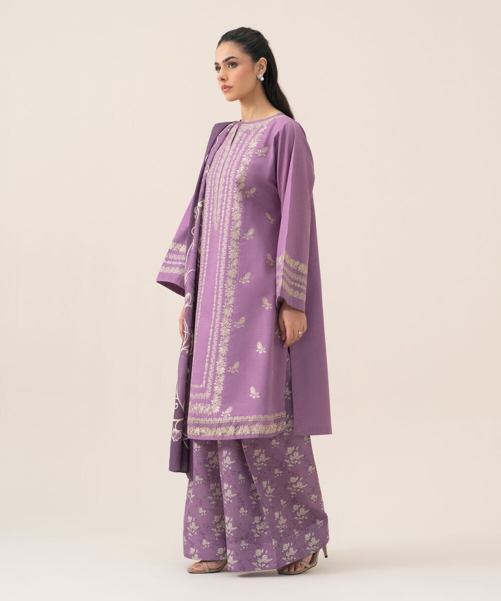 Women's Unstitched Cotton Embroidered Mauve 3 Piece Suit