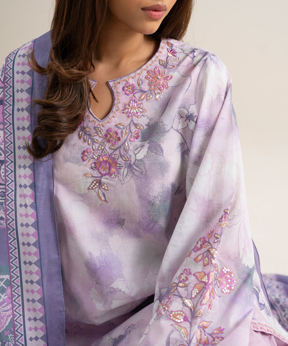 Women's Unstitched Lawn Embroidered Off White 3 Piece Suit