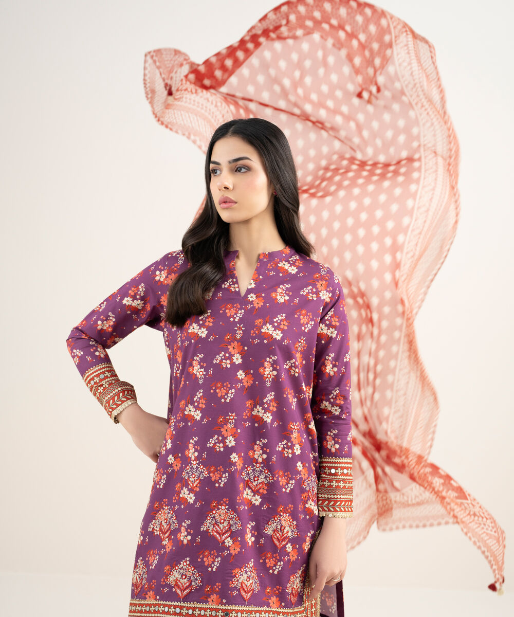 Women's Unstitched Lawn Embroidered Purple 3 Piece Suit