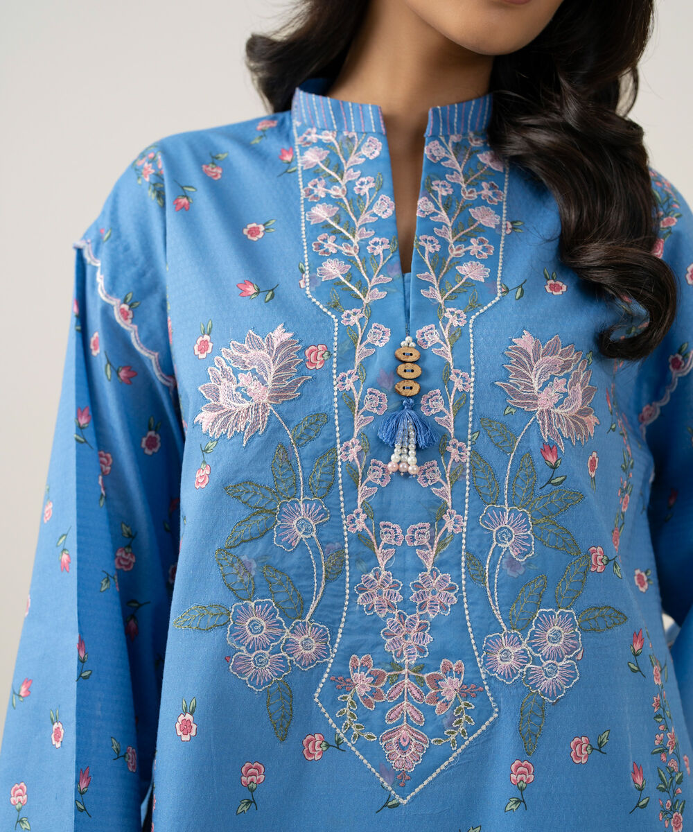 Women's Unstitched Blended Chiffon Printed Blue 3 Piece Suit