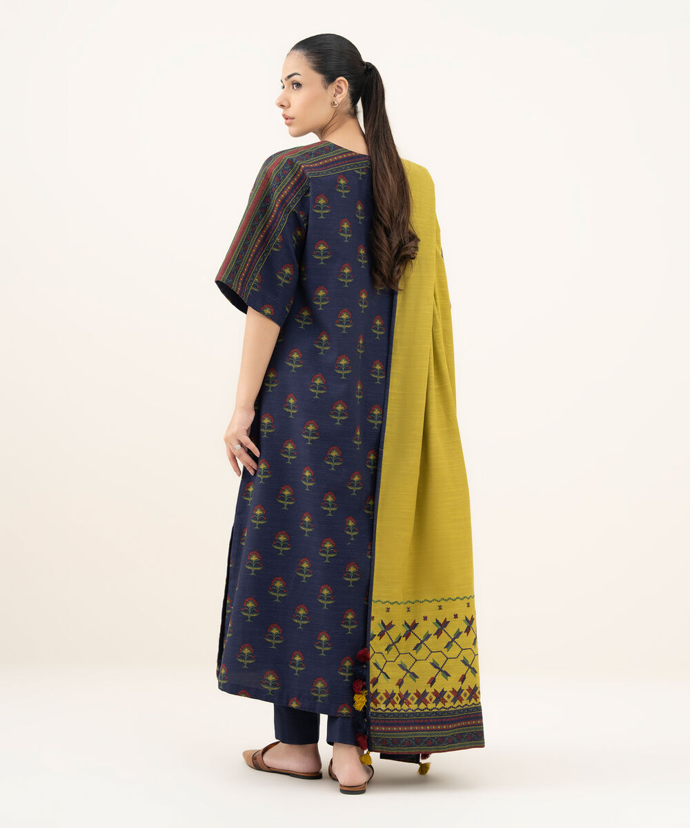 Women's Unstitched Printed Khaddar Blue 3 Piece Suit