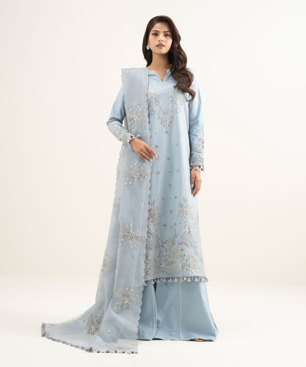 Women's Unstitched Lawn Embroidered Ice Blue 3 Piece Suit