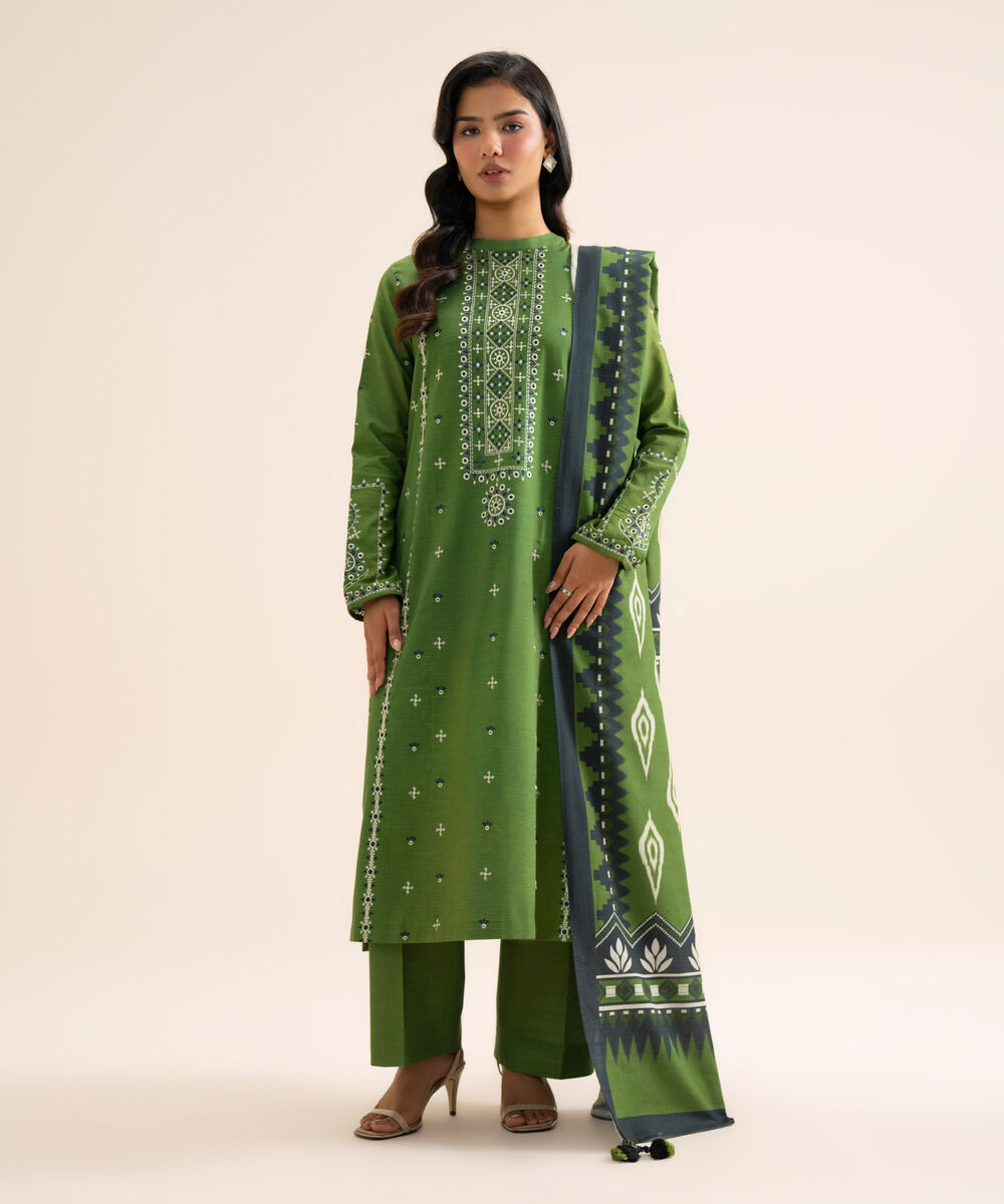 Women's Unstitched Light Khaddar Embroidered Green 3 Piece Suit