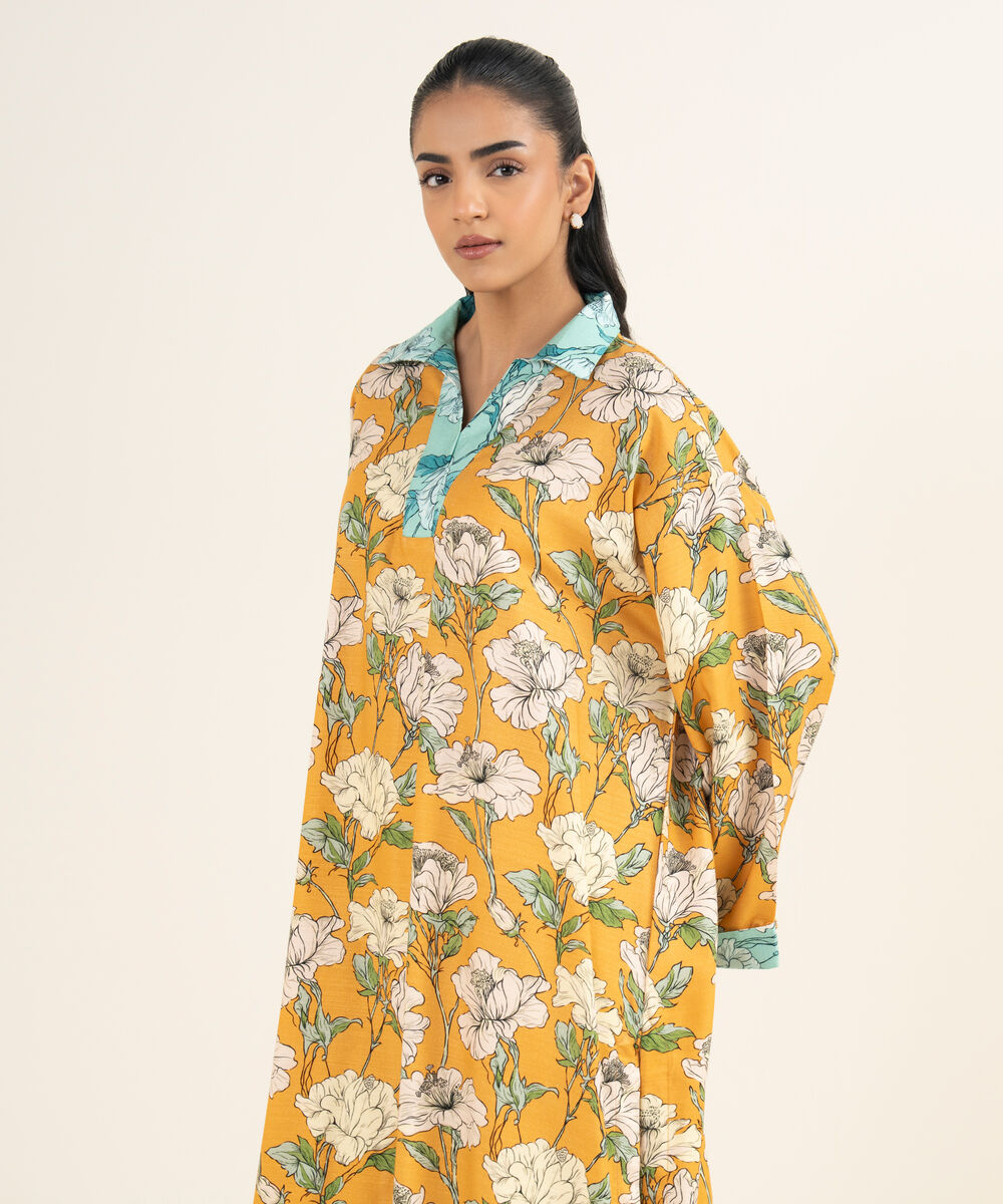 Women's RTW Herringbone Printed Mustard Drop Shoulder Shirt