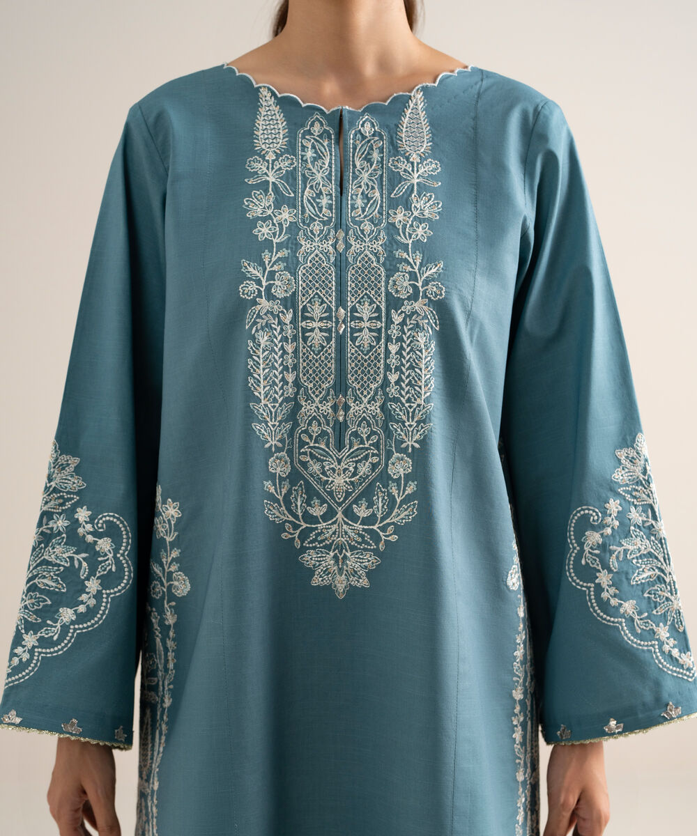 Women's Unstitched Slub Lawn Embroidered Blue  3 Piece Suit