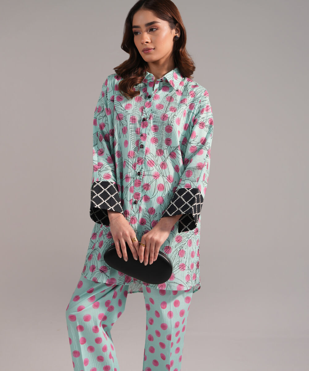 Women's RTW Seersucker Printed Turquoise Drop Shoulder Shirt