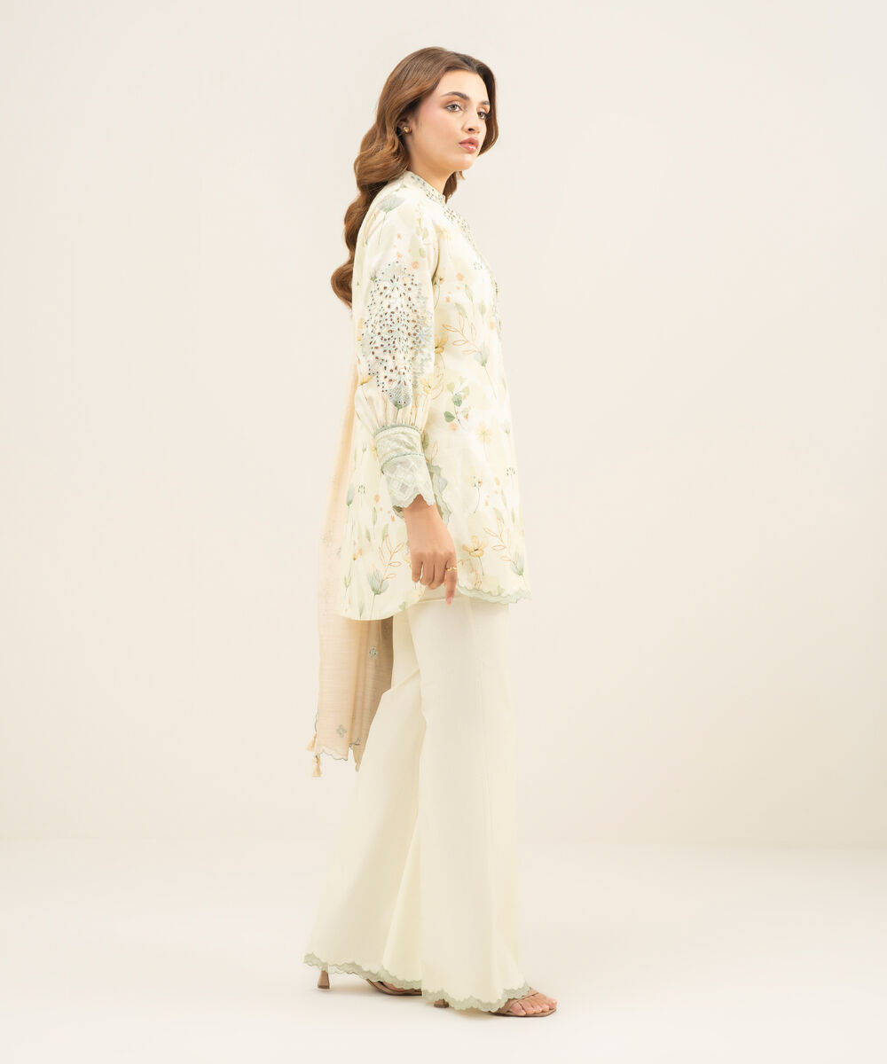 Women's Unstitched Cotton Jacquard Embroidered Off White 3 Piece Suit