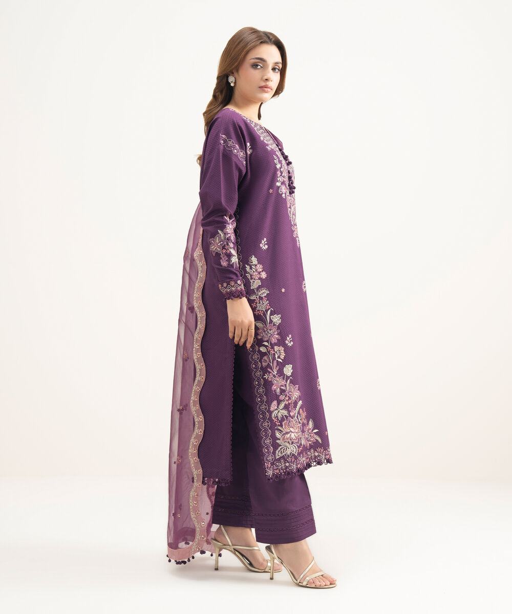Women's Unstitched Lawn Embroidered Purple 3 Piece Suit