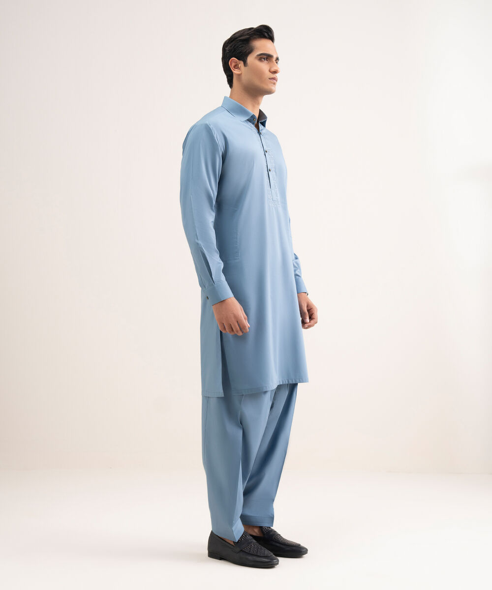 Men'S Stitched Medium Blue Premium Cotton Suit