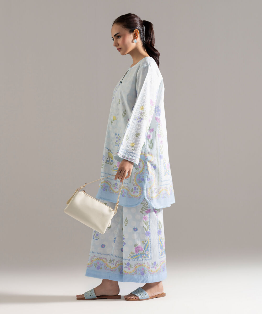 Women's RTW Seersucker Printed Ice Blue 2 Piece Suit