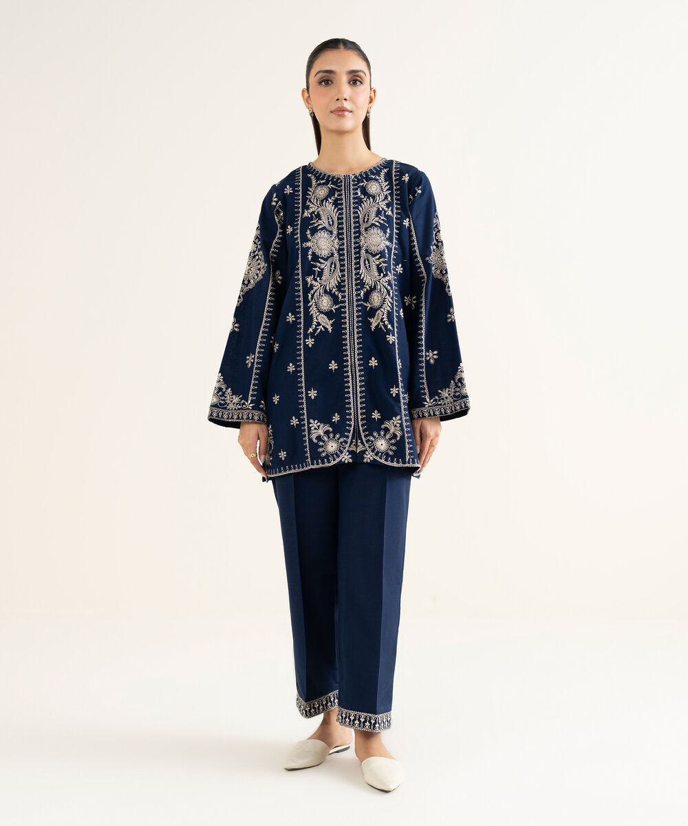 Women's RTW Khaddar Embroidered Blue Straight Shirt