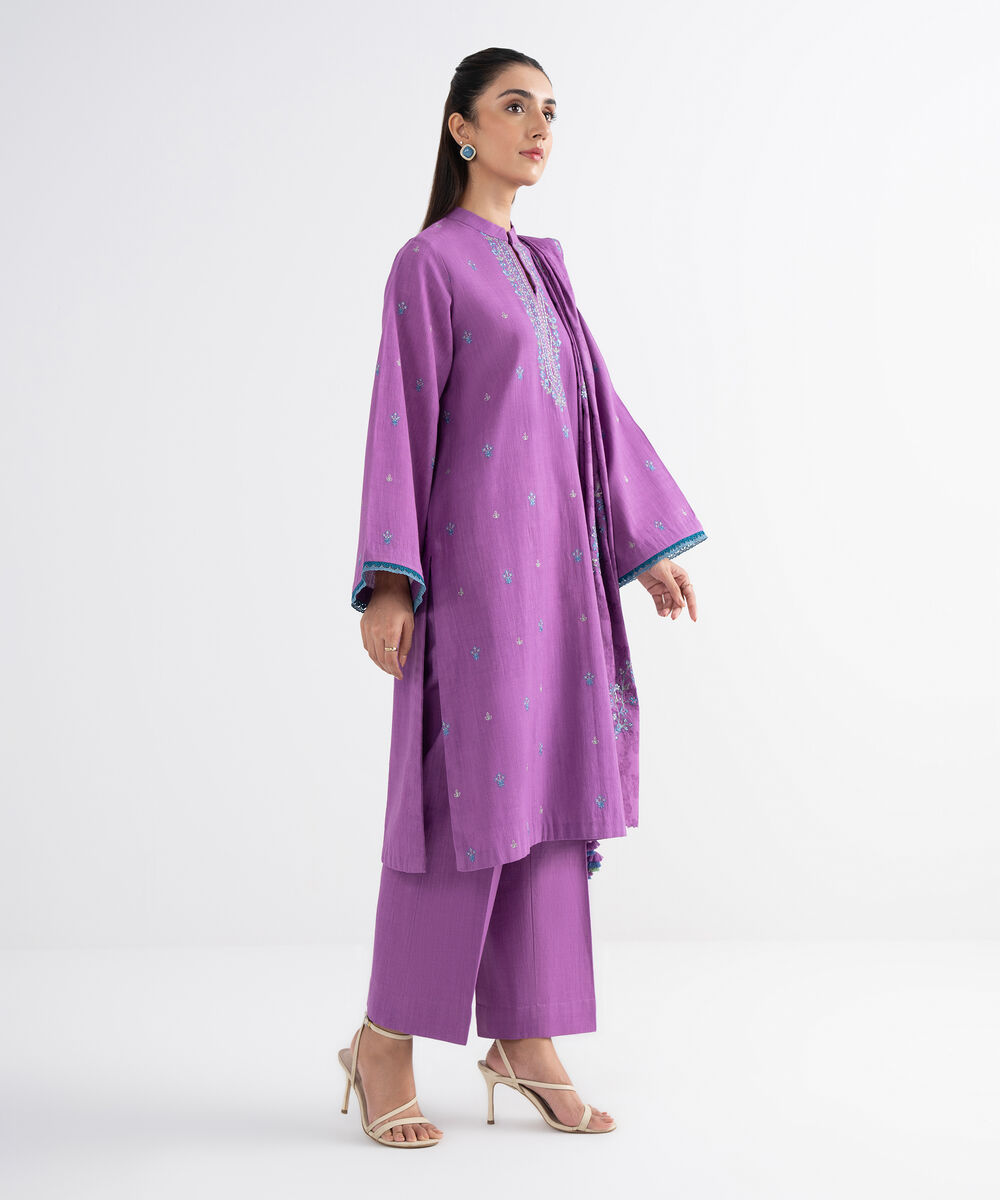 Women's Unstitched Cross Hatch Embroidered Purple 3 Piece Suit