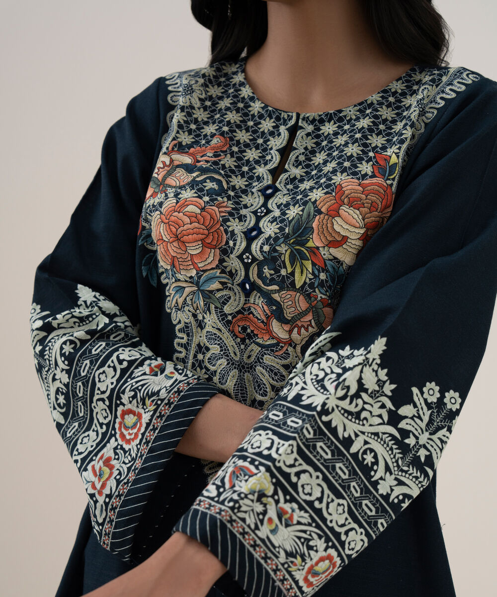 Women's RTW Khaddar Printed Blue A-Line Shirt