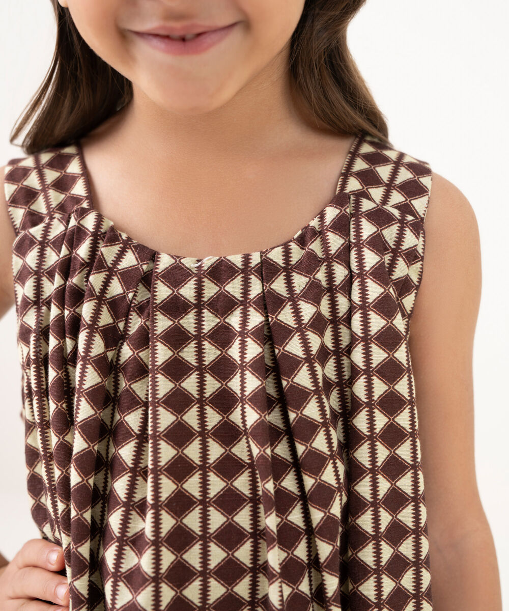 Girl's Light Khaddar Printed Brown A-Line Shirt