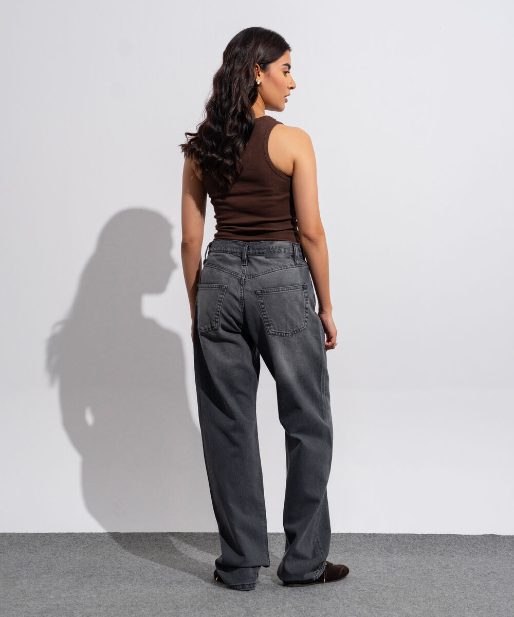 Women's Western Wear Denim Straight Fit Grey - Mid Worn Jeans