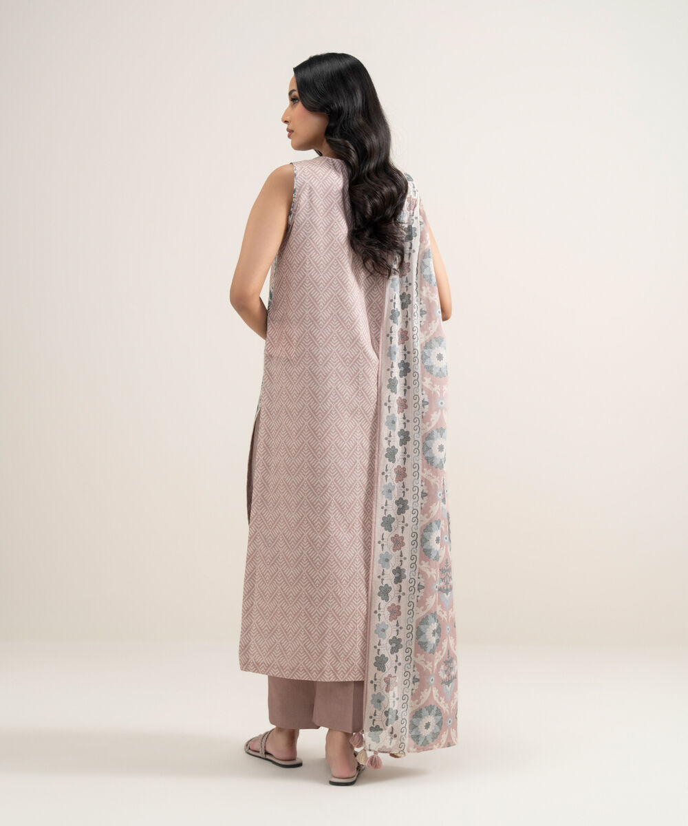 Women's Unstitched Lawn Printed Tea Pink and Off White 3 Piece Suit