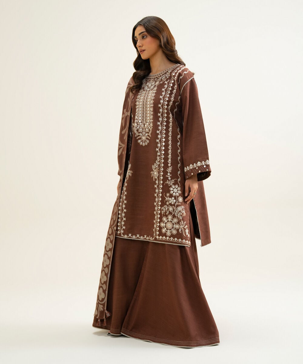 Women's Unstitched Light Khaddar Embroidered Brown & Off White 3 Piece Suit