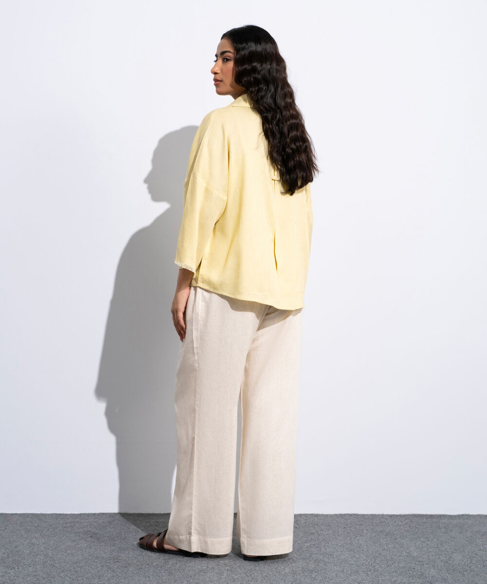 Women's Butter Yellow Linen Blend V-Neck Top