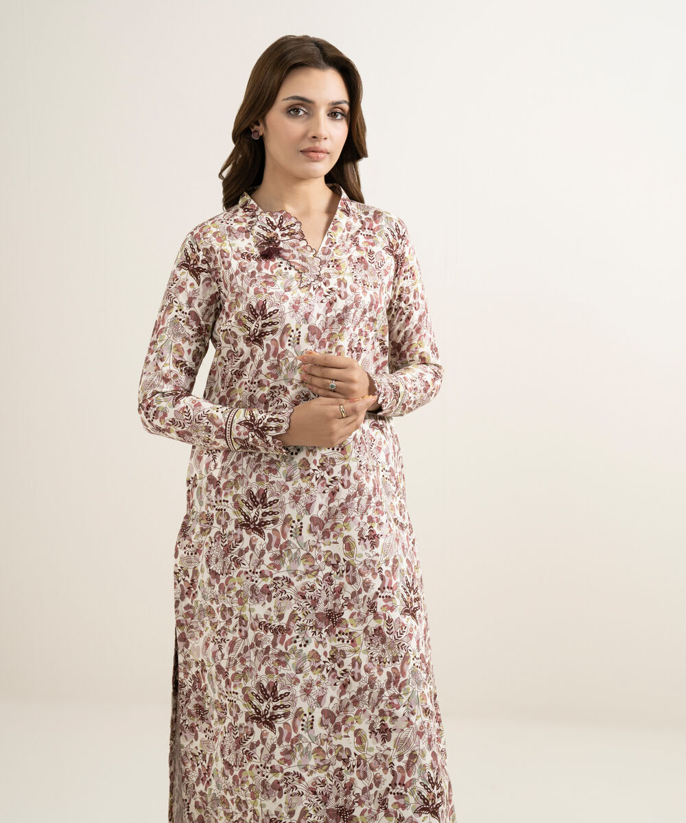 Women's Unstitched Lawn Printed Brown 2 Piece Suit