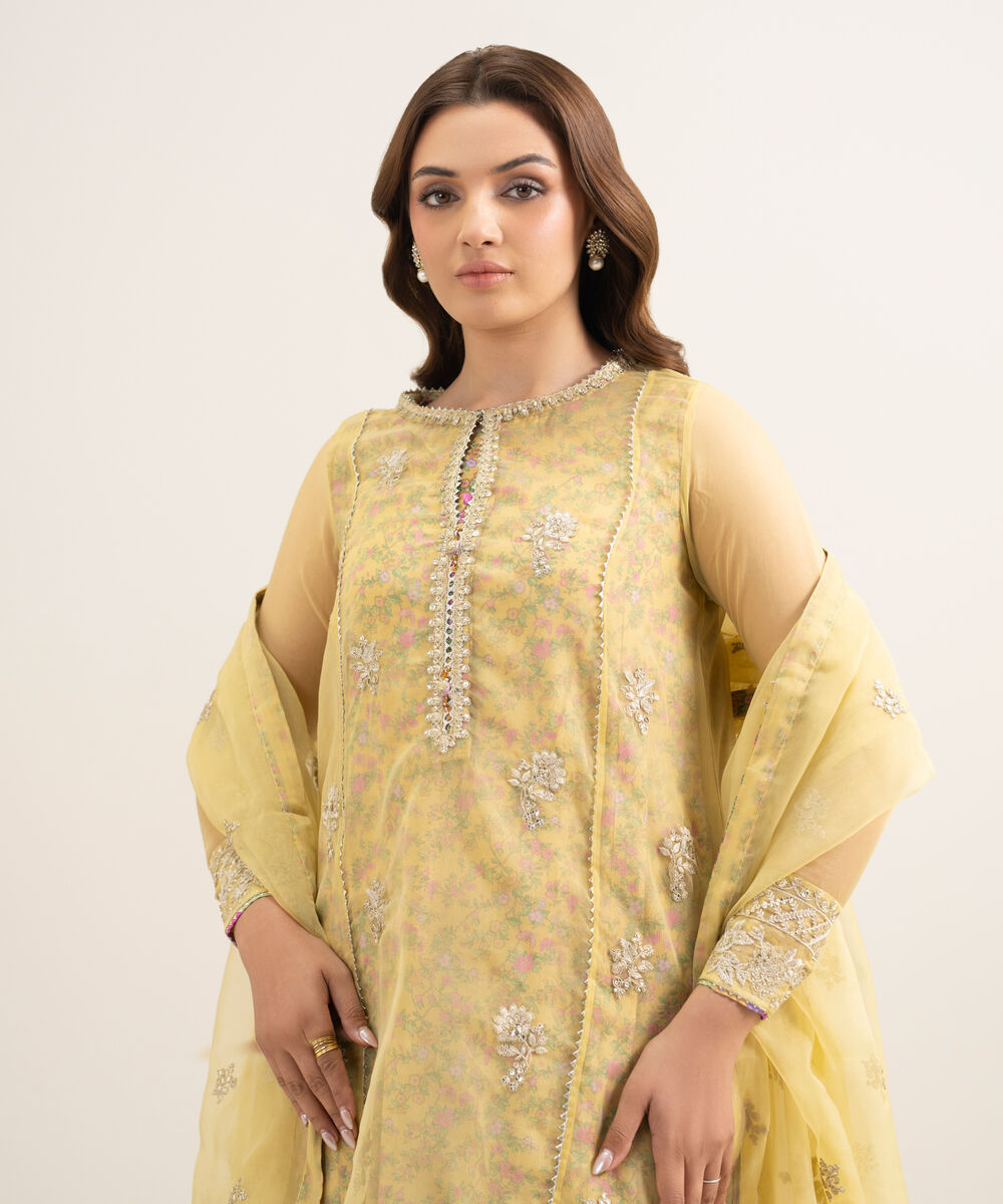 Women's RTW Blended Organza Embroidered Yellow 3 Piece Suit