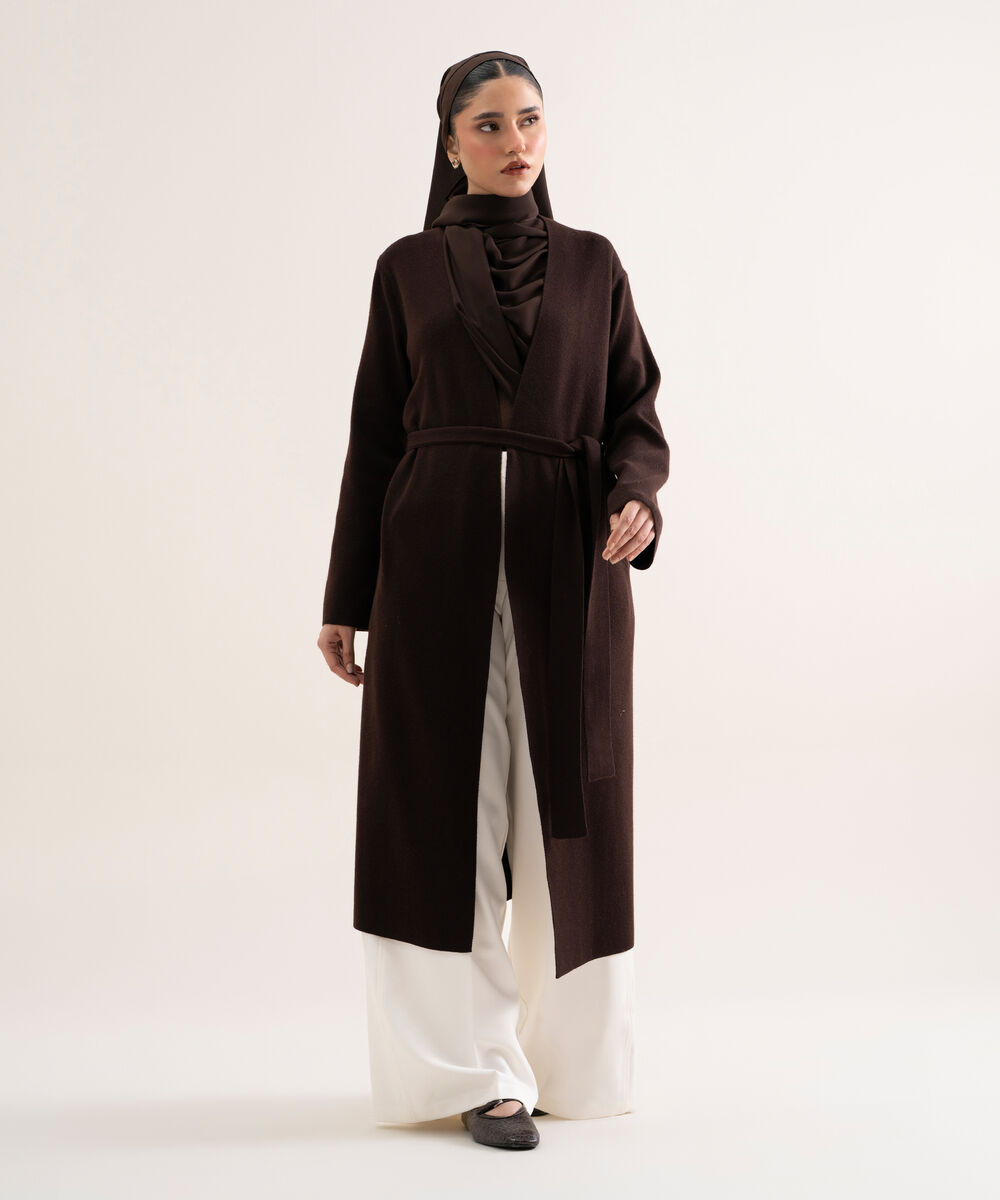Women's Dark Brown Solid Sweater-Knit Abaya Set