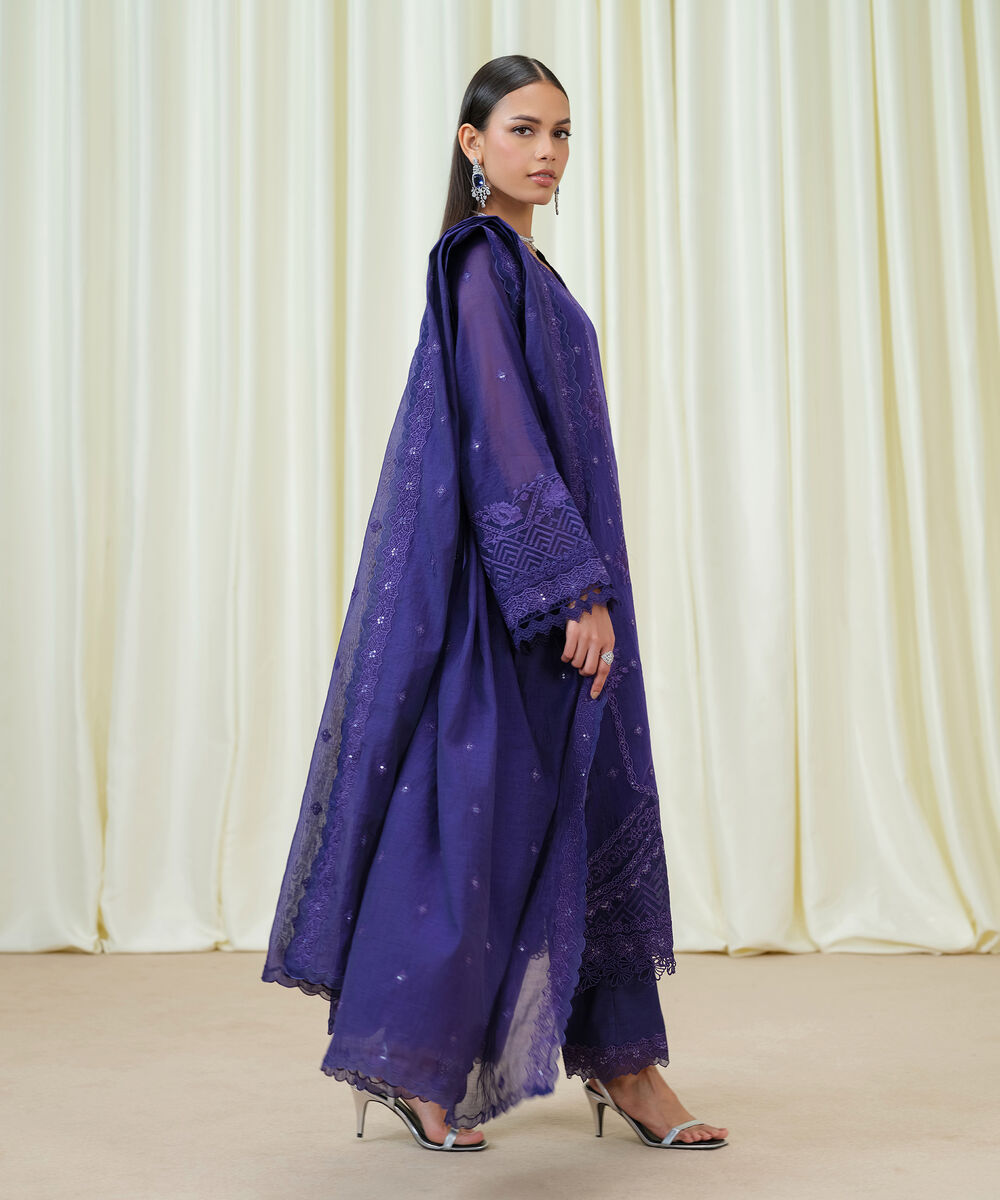 Women's Unstitched Blended Muslin Embroidered Purple 3 Piece Suit