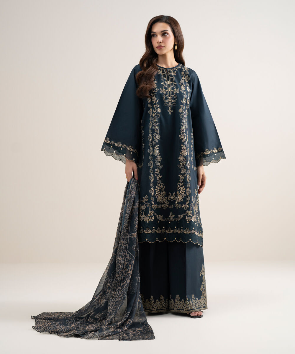 Women's Unstitched Slub Lawn Embroidered Black 3 Piece Suit