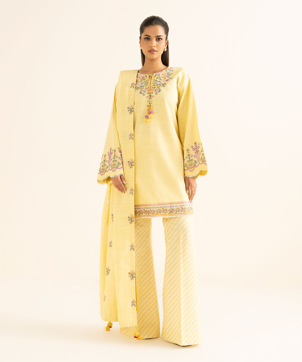 Women's Unstitched Cotton Embroidered Yellow 3 Piece Suit