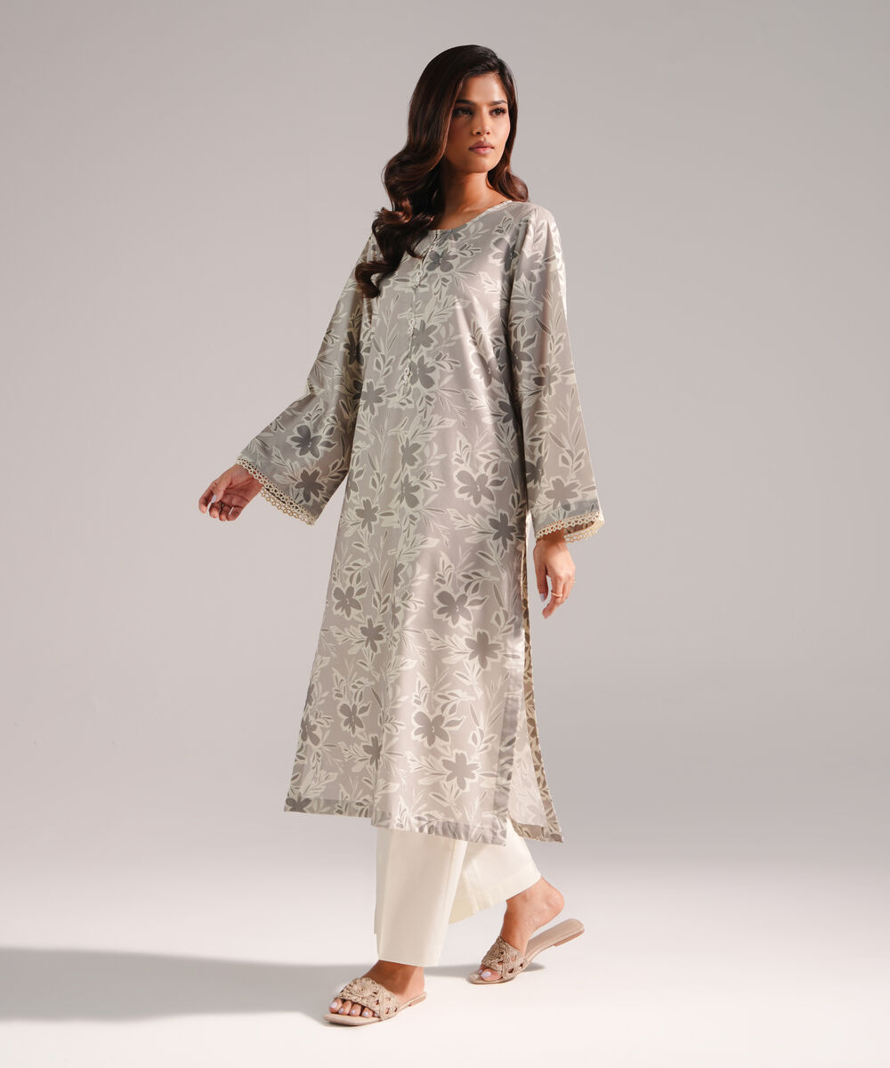 Women's RTW Cotton Viscose Printed Grey 2 Piece Suit