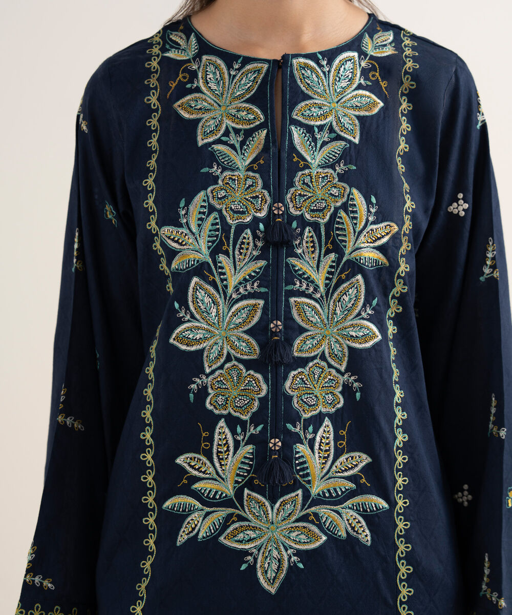 Women's RTW Self Jacquard Embroidered A-Line Blue Shirt