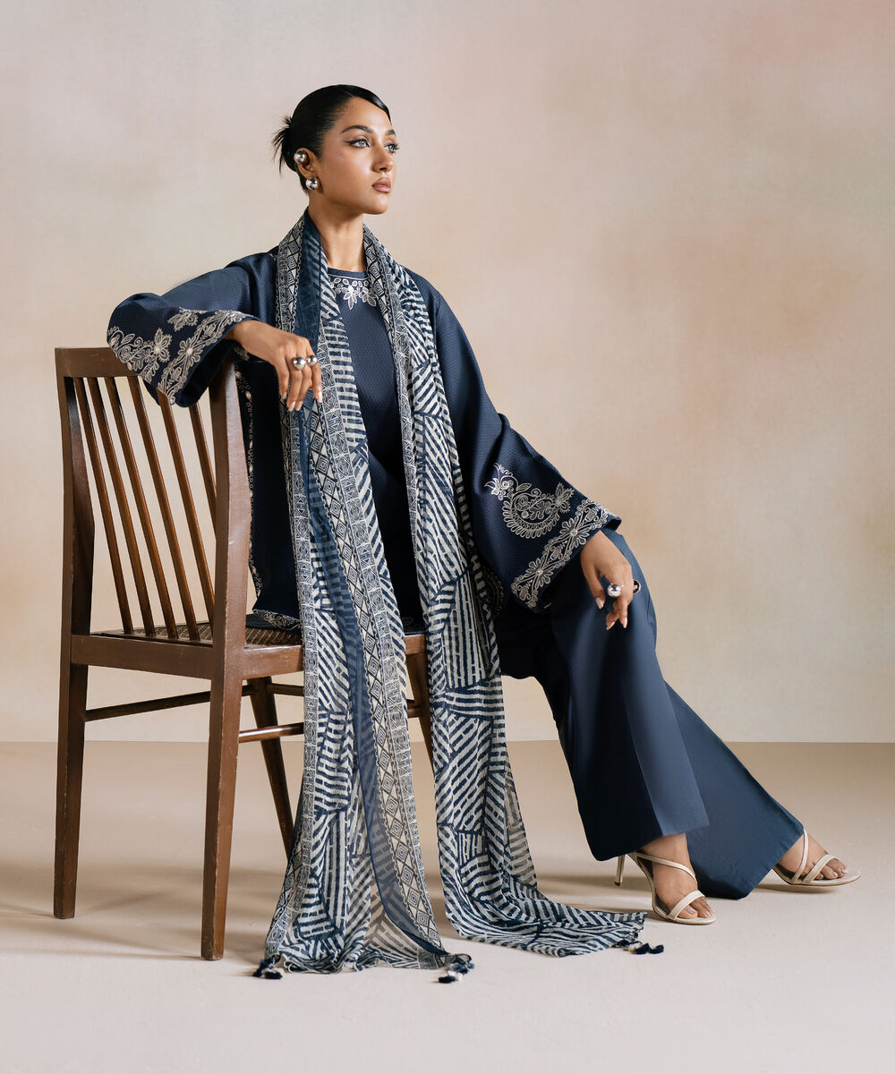 Women's Unstitched Dobby Embroidered Blue 3 Piece Suit