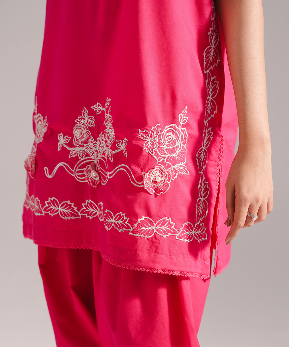 Women's RTW Slub Lawn Embroidered Pink Straight Shirt