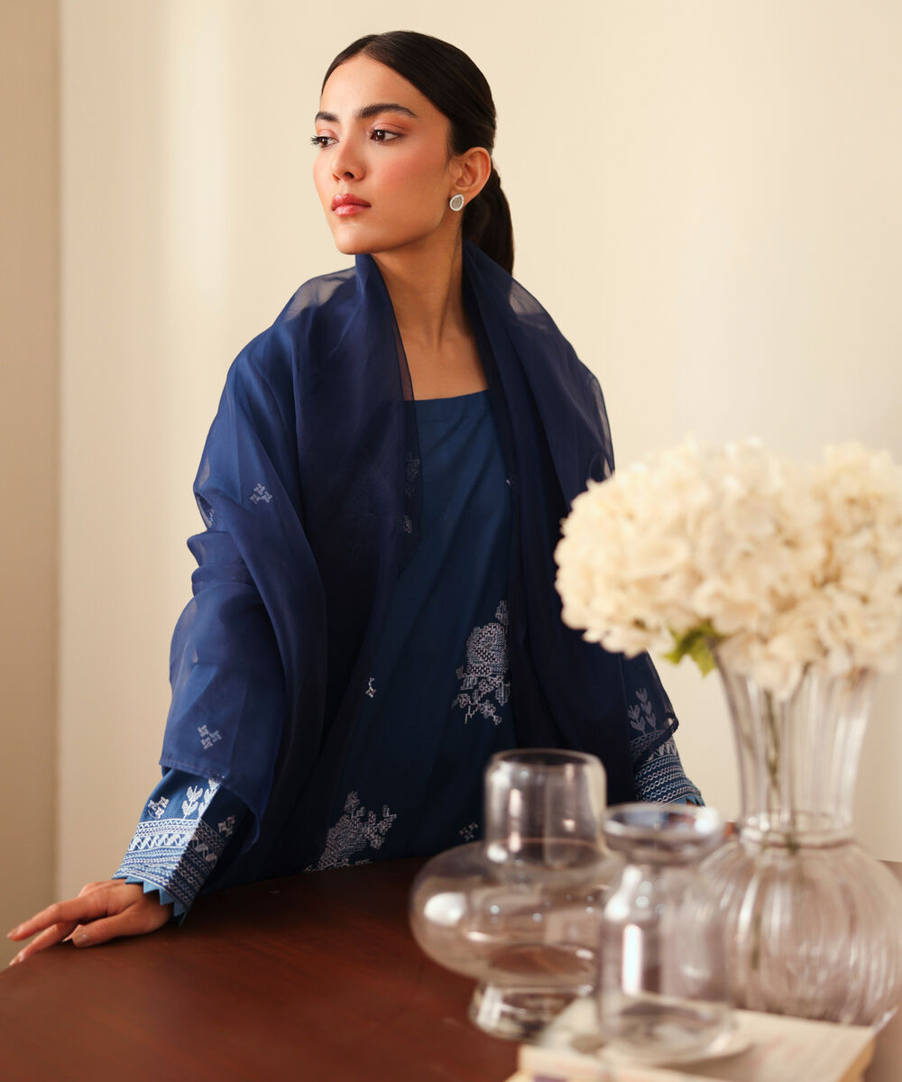 Women's RTW Cotton Viscose Embroidered Blue Straight Shirt