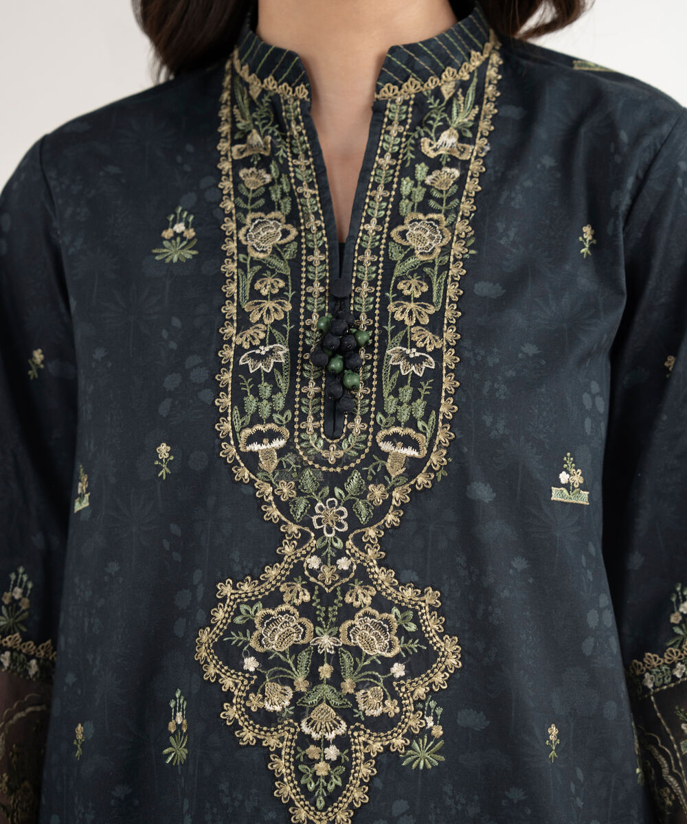 Women's Unstitched Cotton Embroidered Black 3 Piece Suit