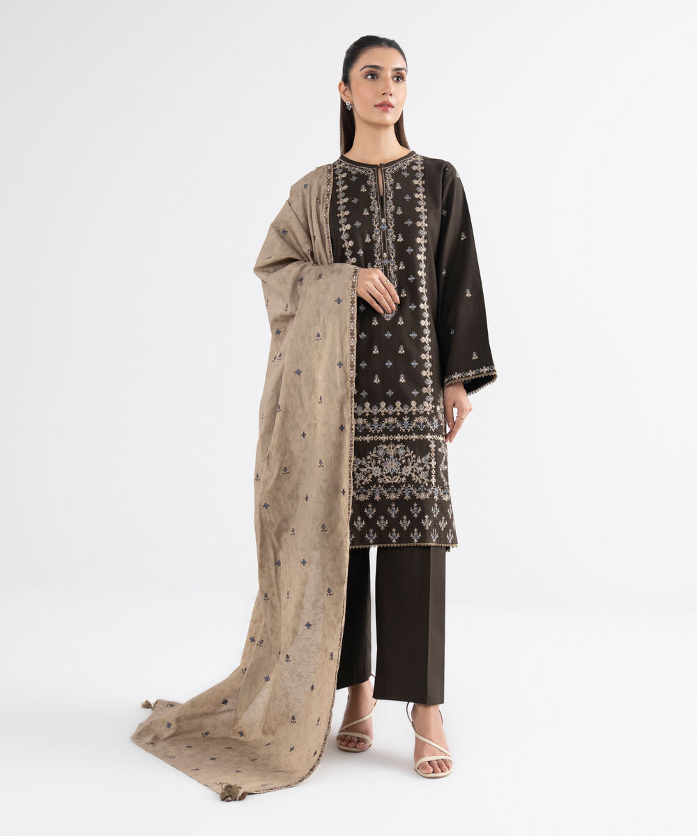 Women's Unstitched Cross Hatch Embroidered Brown 3 Piece Suit